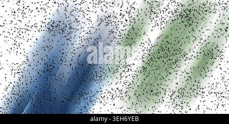 An abstract composition featuring diagonal streaks of blue and green light, scattered with dark textured particles, isolated on a pure white backgroun Stock Photo