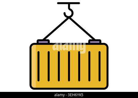 Container icon. colored outline style. Logistic icon of a large intermodal shipping container being lifted by a crane hook, representing heavy freight Stock Vector
