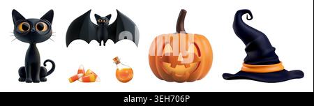 Halloween carved pumpkin characters 3d vector render. Cute cartoon black cat, happy flying bat, spooky scary witch hat, candy potion trick treat Stock Vector