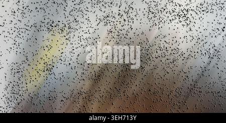 A creative abstract image showing a gradient background with blurred diagonal light streaks and a uniform distribution of black circular particles. Stock Photo