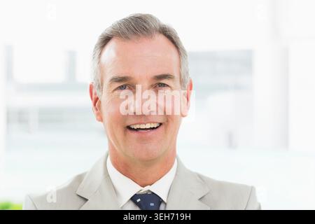 Mature male smiling and posing in modern office wearing light-gray suit white shirt navy tie Stock Photo