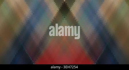A digital abstract art piece featuring a symmetrical triangular composition with a textured, zig-zag pattern in shades of red, blue, and muted earth t Stock Photo