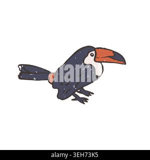 Textured vector illustration of isolated tropical toucan bird with bright orange beak. Hand drawn exotic wildlife sticker graphic Stock Vector