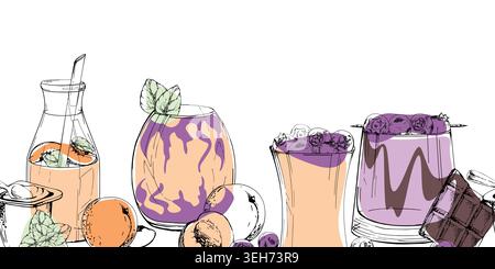 Seamless banner of peach, yogurt and blueberry creamy smoothie glasses, mint and chocolate accents in hand drawn ink vector. Catering menu borders Stock Vector
