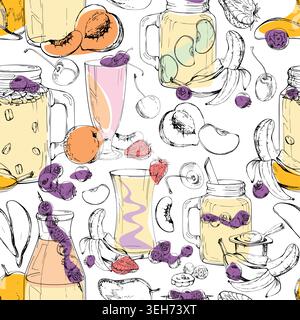 Fruit drink mix with banana, yogurt and blueberry smoothies, apricot and apple slices, strawberry garnish. Seamless pattern hand drawn in ink vector Stock Vector