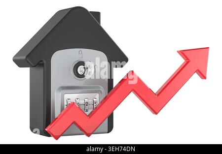 House key lockbox with rising rental market arrow. 3D rendering isolated on white background Stock Photo