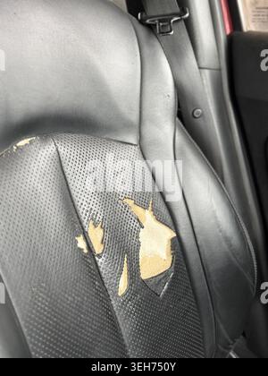 Damaged car seat with visible tears in black leather upholstery, close-up texture background. Mobile photo Stock Photo