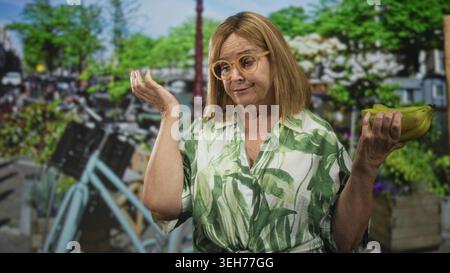 Hispanic senior woman holding bananas in one hand while scratching her head with the other on a busy street lined with bicycles and flower planters; c Stock Photo