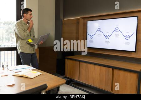 Man standing in meeting room with laptop, wearing shirt, studying graph on wall TV, copy space Stock Photo