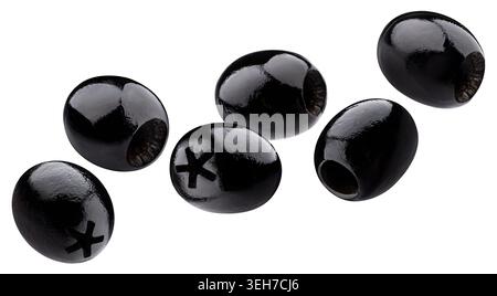 Black pitted olives isolated on white background with clipping path, full depth of field Stock Photo