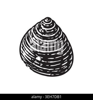 Vector sea shell and illustration beach ocean with linocut stamp silhouette. Isolated design nature and vector water marine with summer seashell sea Stock Vector