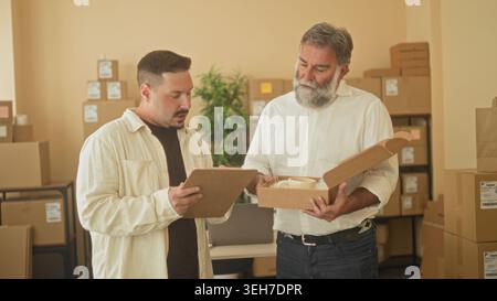 Two men inspect and hold a parcel box while one reads a clipboard in a small business building; teamwork collaboration efficiency. Stock Photo