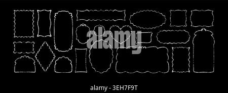 Set of quirky hand drawn white chalk whimsical frames on the blackboard. Crayon heart shape, arch, rectangle, square shape sketch paint brush borders. Stock Vector
