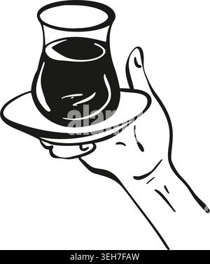 Hand holding Turkish tea cup. Hand drawn crayon hot tea glass in the arm. Cafe, Turkish food restaurant logo, label, doodle design element. Turkey hos Stock Vector