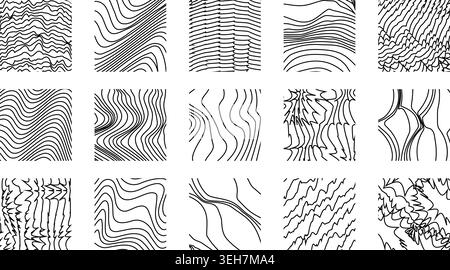 A collection of 15 hand-drawn black and white wavy lines and topographic texture patterns Stock Vector