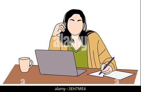 Business Woman wears headphones, focused on laptop Stock Vector