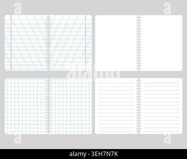 Vector Spiral Notepad Set with Different Paper Styles: Blank, Lined, Squared, and Oblique Ruled Stock Vector