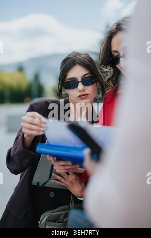 Two professional women in sunglasses reviewing documents outdoors during a business meeting Stock Photo