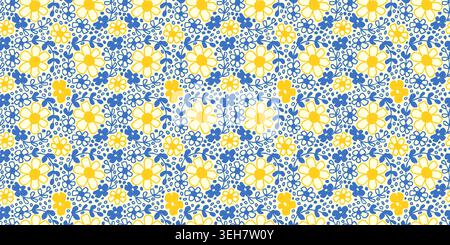 Ditsy Mediterranean floral seamless vector pattern in blue and yellow colors, Hand painted folk daisy flowers Stock Vector