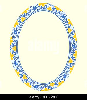Oval floral vector frame in blue and yellow colors, Mediterranean border with flowers, Hand painted flower wreath for labels and invitations Stock Vector