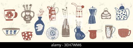 Naive lino print hand drawn ceramic pottery vector set , art vessels, coffee mugs, vases, jugs, teapots and bowls in a muted brown, blue and cream ear Stock Vector