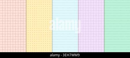 Colorful pastel notebook paper seamless vector pattern set, Organic textured lines, dot grid and squares check background for journaling, scrapbooking Stock Vector