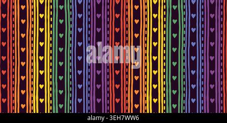 Rainbow stripes and hearts vector seamless pattern, LGBT Pride month colorful vertical stripe design on dark background Stock Vector