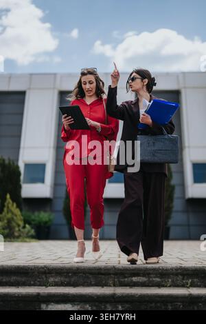 Two professional women walking and discussing documents outside an office building Stock Photo