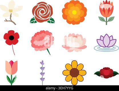 A colorful flat illustration set featuring a variety of decorative flowers in different shapes and styles Stock Vector