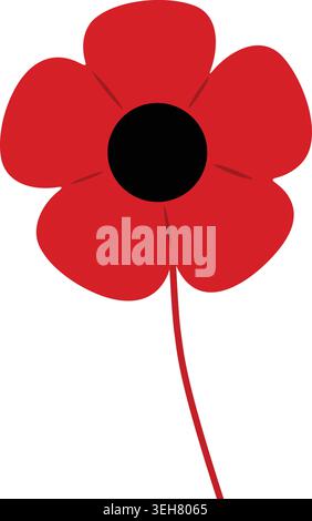 Simple illustration of a red poppy flower with rounded petals a black center and a thin curved stem. Stock Vector