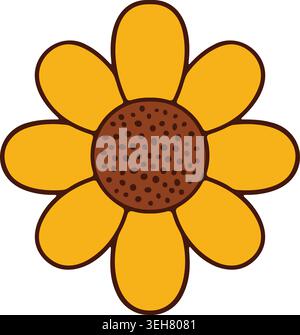 Simple illustration of a yellow sunflower with rounded petals and a brown dotted seed center. Stock Vector