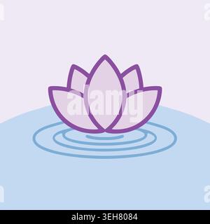Simple illustration of a purple lotus flower floating on blue water with circular ripple lines. Stock Vector
