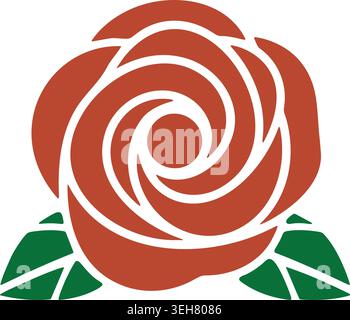 Simple illustration of a brown spiral rose bloom with stylized curled petals and green leaves at the base. Stock Vector
