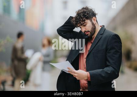 Young businessman reading documents outdoors looking puzzled while coworkers talk in blurred background Stock Photo
