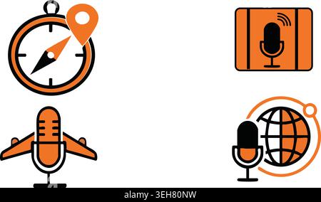 Icons representing travel podcasting, global audio communication, and location-based recording. Stock Vector