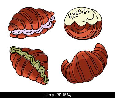 A set of colorful croissants with cream, with filling, sandwich croissant, round glazed croissant, crispy delicious pastries for the menu. Vector illu Stock Vector