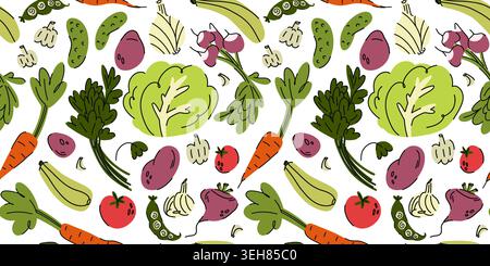 Vegetable garden pattern with a set for borscht, salad set of colorful ingredients in doodle style, potato, carrot, beetroot, garlic, dill, cucumber, Stock Vector