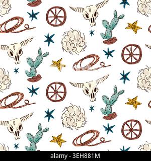 Seamless Western Cowboy Pattern with Skulls and Cacti on white for wallpaper and fabric Stock Vector