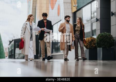 Business colleagues walking and discussing documents outside a modern office building Stock Photo