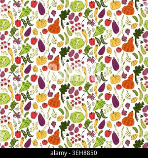 A rich, square, vertical, multicolored vegetable pattern featuring pumpkin, zucchini, greens, and peppers. Various vegan ingredients for packaging Stock Vector