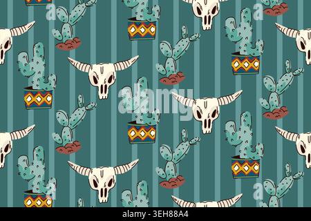 Western Desert Cactus and Bull Skull Seamless Pattern. A dusty green and emerald vertical stripe for interior design and paper Stock Vector