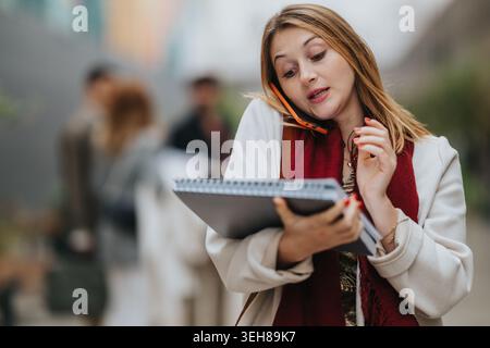 Young woman multitasking on phone while checking notes in a spiral notebook on a city street Stock Photo
