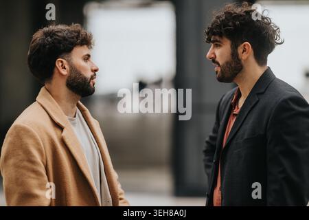 Two men having a serious conversation outdoors in urban casual coats and blazers Stock Photo