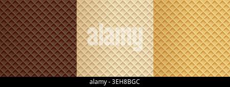 Waffle diagonal bg with texture of chocolate wafer. Milk honey cookie pattern. Biscuit lattice or cone summer bg, stroopwafel rectangle. Cake seamless Stock Vector