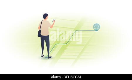Man using a mobile phone app to order a ride or car rental online. Vector illustration. Stock Vector