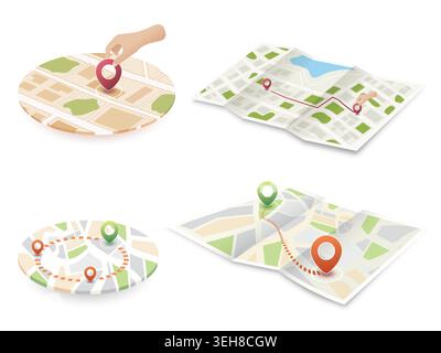 Isometric Vector Map Navigation Collection Showing Location Pinning Route Planning Multi-Stop Journeys and Travel Direction with Human Hand Stock Vector