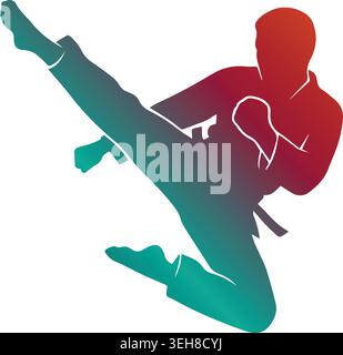 Dynamic karate fighter silhouette executing a powerful high jump kick, featuring a vibrant red to teal color gradient isolated on a white background Stock Vector