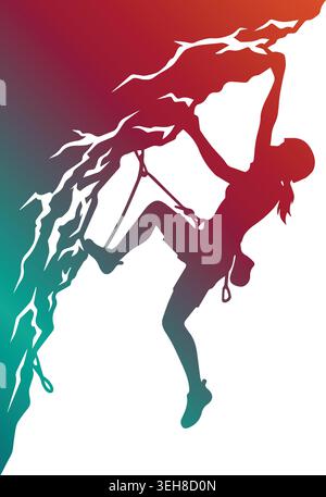 Dynamic rock climber silhouette ascending a steep cliffside overhang, featuring a vibrant red to teal color gradient isolated on a white background. Stock Vector