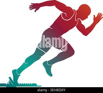 Dynamic sprinter silhouette exploding forward from the starting blocks, featuring a vibrant red to teal color gradient isolated on a white background. Stock Vector