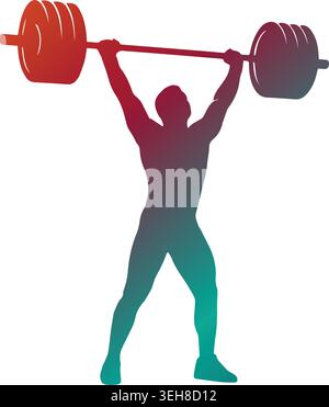 Dynamic weightlifter silhouette lifting a heavy barbell overhead, featuring a vibrant red to teal color gradient isolated on a white background. Stock Vector